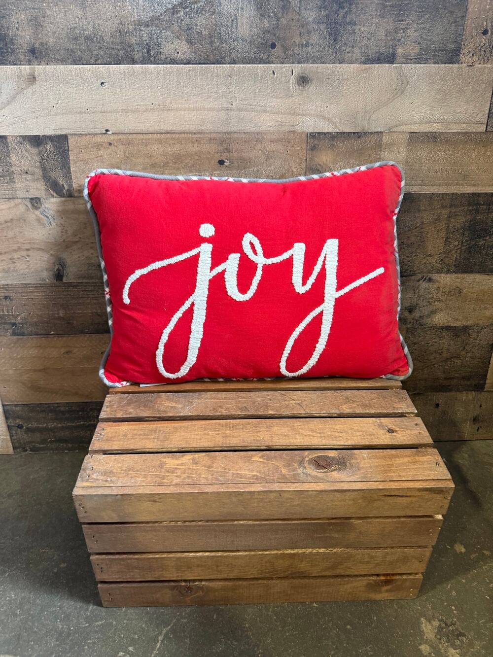 Devi Designs Red Joy Christmas Accent Pillow -Tufted Chenille -Plaid Back -17x12